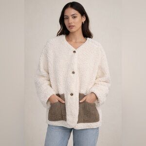 Tankaneo Oversized Sherpa Teddy Jacket w/ Houndstooth Pockets — Beige — XL